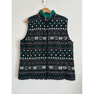 Alia Black Size Large Green & Black Fair Isle Fleece Vest Cottagecore Winter